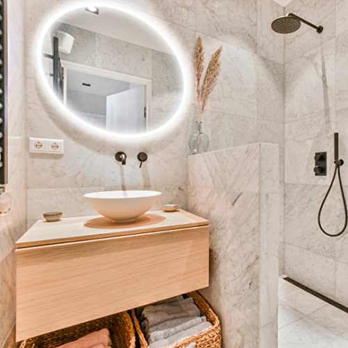 Espejo Redondo baño Modelo Palma (60 cm Redondo) con luz LED integrada de 28w. Luz Decorativa cálida (4000 K). Espejo diseño, Ideal para baño o Cualquier Otra Estancia.