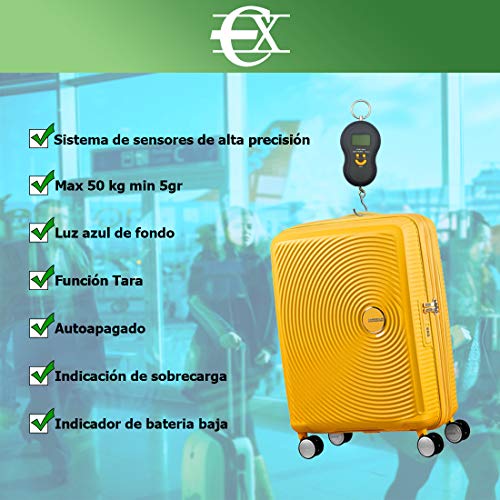 EUROXANTY® Báscula digital de viaje | Báscula portátil | Báscula de equipaje | Peso máximo 50 kg | Pilas AAA incluidas | Báscula con luz azul | Báscula con gancho | COLOR NEGRA