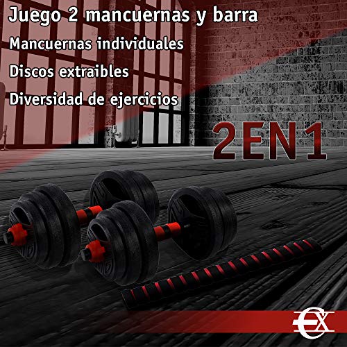 EUROXANTY Juego de Mancuernas y Barra 2 en 1 | Mancuernas con Discos | Múltiples Entrenamientos | Discos PVC Resistente | Barra 40 cm (10 kg)