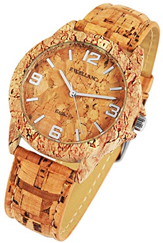 Excellanc llanc Mujer Reloj marrón Corcho analógica Metal Cuero Cuarzo Reloj de Pulsera