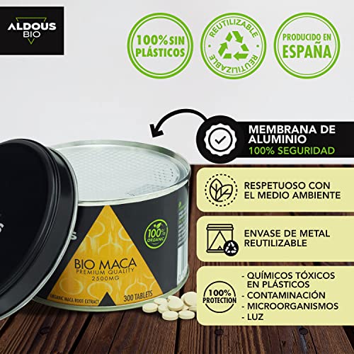 Extracto de Pura Maca Andina Ecológica Premium para 9 meses | 300 comprimidos de 2500mg | Altamente concentrada 10:1 | Aumenta Energía y Vitalidad | Libre de plástico | Certificación Ecológica Oficial