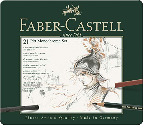 Faber-Castell 112976 - Estuche de metal con 21 piezas, surtido de carbonos, grafitos, ecolápices y tizas