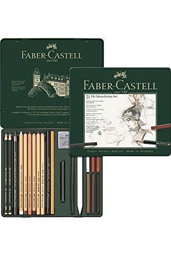 Faber-Castell 112976 - Estuche de metal con 21 piezas, surtido de carbonos, grafitos, ecolápices y tizas