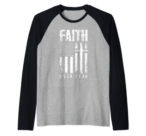 Faith Over Miedos Cristian Cross American Bandera Gimnasio Camiseta Manga Raglan