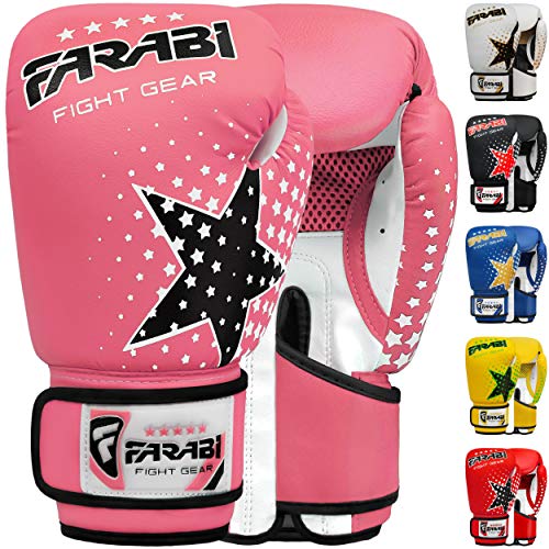 Farabi - guantes de boxeo para niños de 6 oz, guantes de entrenamiento de kickboxing muay thai para entrenamiento de MMA, los mejores guantes para entrenar en saco de boxeo, almohadillas de enfoque para práctica (Pink, 6-oz)