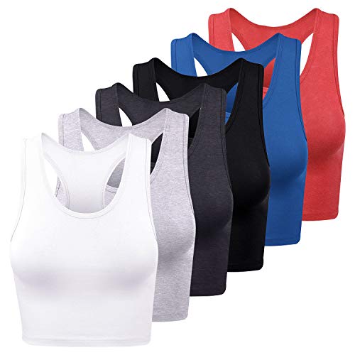 FEPITO 6 Piezas Camisetas Cortas básicas para Mujer, Camisetas Deportivas de algodón, Camisetas sin Mangas con Espalda Cruzada, Camisetas de Entrenamiento, Camisetas Cortas para Mujer
