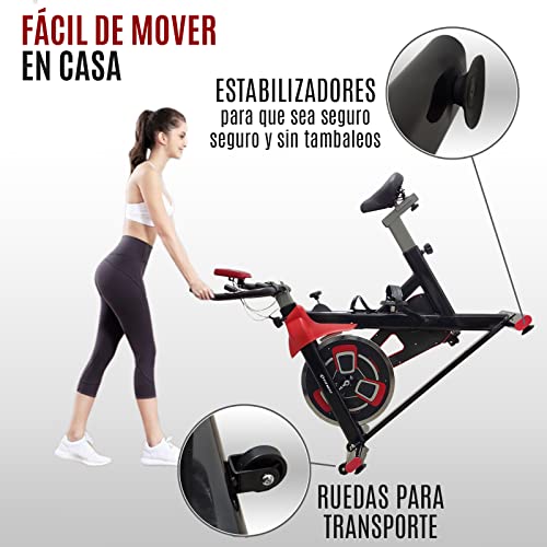 FFitness Indoor Spinning Bike Cycling Bicicleta para entrenamiento en casa con almohadilla de fieltro, cardio y volante, rojo, 13 kg