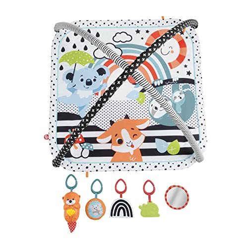Fisher-Price Gimnasio de Actividades Musicales 3 en 1, estampado animalitos divertidos, manta para bebé recién nacido con accesorios (Mattel HBP41)