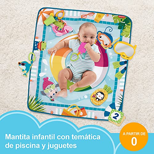 Fisher-Price Manta de actividades para bebé decorado como piscina. Incluye mordedor, espejito snorkel, sonajero limonada y tiburón que cruje (Mattel GRR44)