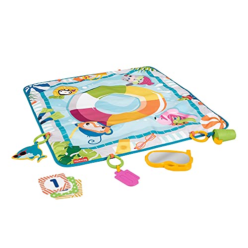 Fisher-Price Manta de actividades para bebé decorado como piscina. Incluye mordedor, espejito snorkel, sonajero limonada y tiburón que cruje (Mattel GRR44)