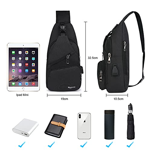 flintronic Sling Bag, Bolsa de Pecho con Puerto de Carga USB, 19 * 32.5 * 10.5cm Mochila de Viaje para Hombres y Mujeres (incluye 1 cable USB + 1 Gancho de Escalada)-Negro