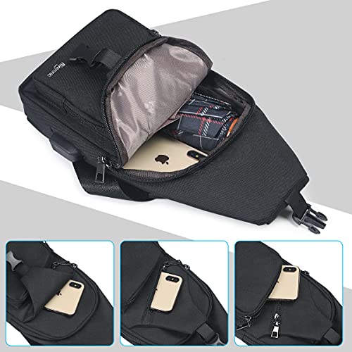 flintronic Sling Bag, Bolsa de Pecho con Puerto de Carga USB, 19 * 32.5 * 10.5cm Mochila de Viaje para Hombres y Mujeres (incluye 1 cable USB + 1 Gancho de Escalada)-Negro