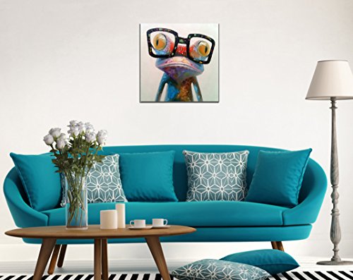 Fokenzary - Pintura al óleo hecha a mano, diseño de rana con gafas sobre lienzo estirado y enmarcado, listo para colgar, lona, 24x24in