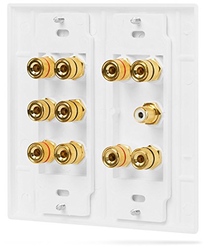 Fosmon [2-Gang 5.1 Surround Distribution] Home Theater Wall Plate - Premium Quality Gold Plated Copper Banana Binding Post Coupler Type Wall Plate for 5 Speakers and 1 RCA Jack for Subwoofer (White)