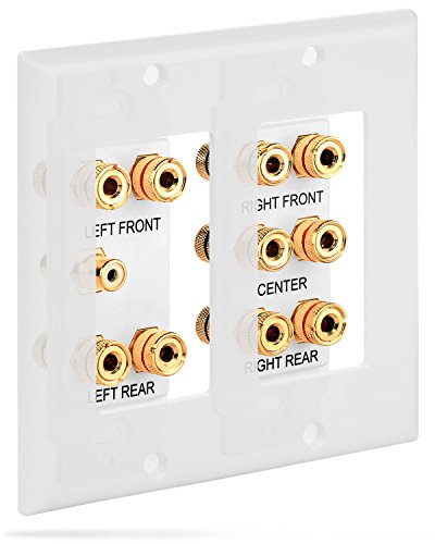 Fosmon [2-Gang 5.1 Surround Distribution] Home Theater Wall Plate - Premium Quality Gold Plated Copper Banana Binding Post Coupler Type Wall Plate for 5 Speakers and 1 RCA Jack for Subwoofer (White)