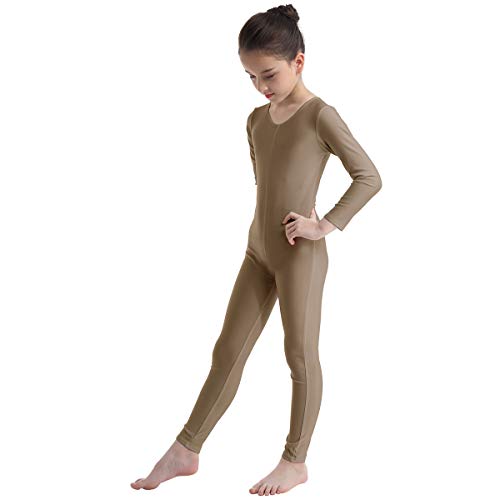 Freebily Bodies Jumpsuit para Danza Ballet Fitness Leotardo Monos Elásticas Deporte Gimnasia Ritmica Traje Una Pieza de Manga Larga Verano Niñas Niños 5-12 Años Marrón 7-8 años
