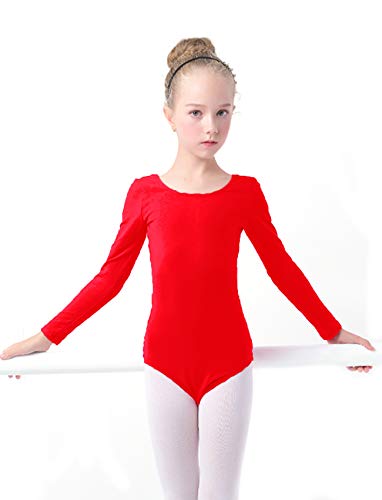 furein Maillot de Danza Ballet Gimnasia Leotardo Body Clásico Elástico para Niña de Manga Larga Cuello Redondo (4 años, Rojo)