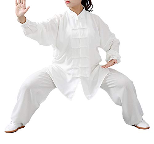 FUYUFU Algodón y Lino Traje de Tai Chi Unisex Ropa de Artes Marciales Kung-fu Disfraz para Hombre y Mujer (un Conjunto) (Blanco, M)