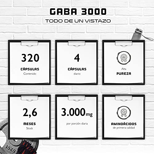 GABA 3000 - 320 Cápsulas a 750 mg - Ácido Gamma Aminobutírico - Altamente dosificado con 3000 mg por porción diaria - Aminoácido - Vegano - Probado en laboratorio