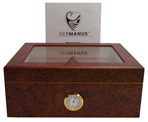GERMANUS Humidor de Puros Desk I con Higrómetro y Humidificador y el Manual Germanus Libro en Marrón