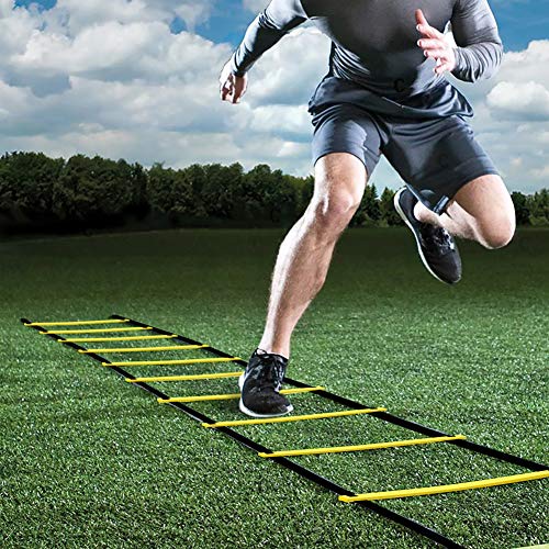 GHB - Escalera de agilidad de 6 m para entrenamiento de fútbol, ejercicios de velocidad, fitness, 12 travesaños, con funda portátil regulable, color amarillo