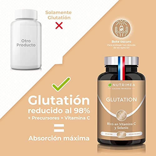 Glutatión Potente Antioxidante con Vitamina C, Reducido al 98% + Glicina Cisteína Ácido Glutámico, Regenerador Celular Hombres y Mujeres, Skin Whitening, Fabricado en Francia, 90 Cápsulas de Origen Vegetal