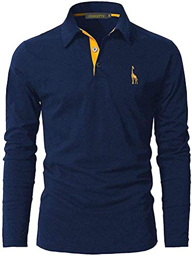 GNRSPTY Polo Manga Larga Hombre Algodon Slim Fit Camiseta Colores de Contraste Bordado de Ciervo Deporte Basic Golf Negocios T-Shirt Top,Azul,XL
