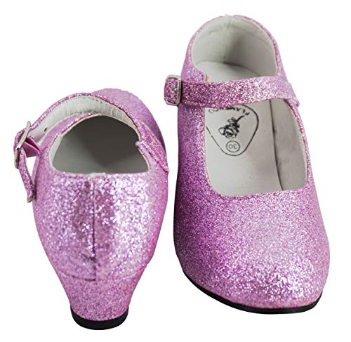 Gojoy shop- Zapato con Tacón de Danza Baile Flamenco o Sevillanas para Niña y Mujer,Contiene : Zapato con Tacón y Mochila de Cuerdas. 5 Colores Disponibles (P- Rosa Clara, 28)