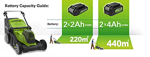 Greenworks G24X2LM41K4x Cortacésped con batería, Li-Ion 48V, 41cm de ancho de corte, hasta 440m², caja colectora de césped 50L, 6 niveles de altura de corte con 2x baterías de 4Ah & cargador