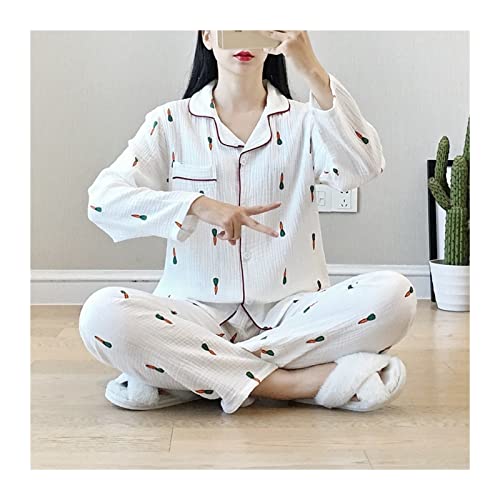 GYQWJPC Pijamas Primavera y otoño nuevos Pijamas algodón de Dos Piezas Crepe Crepe Pantalones de Manga Larga Carrot Simple Carrot Home Service Set Sleepwear Pijamas de Mujer (Color : C3, Size : L)