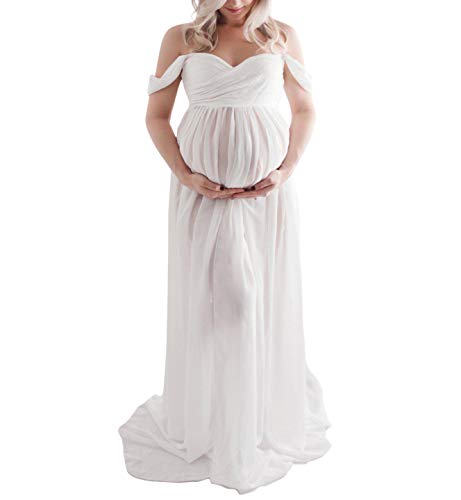 H1ING Vestido de premamá de gasa para fotografía con hombros descubiertos, vestido largo de embarazo para sesión de fotos