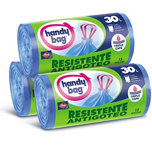 Handy Bag Basura Extra Resistentes, No Gotean, 45 Bolsas, Plástico, Azul, color Azul, 30 l, 650 g