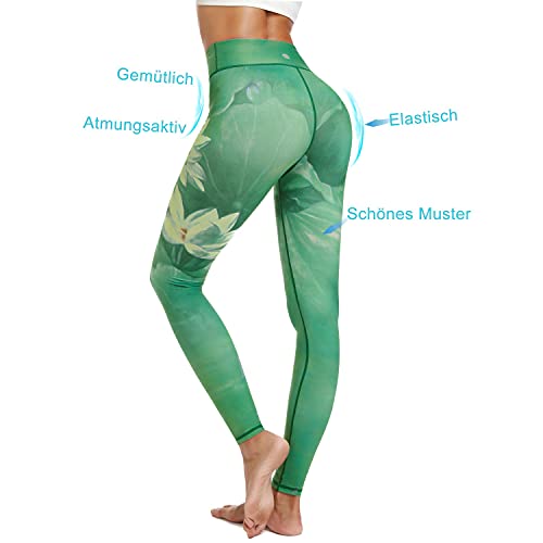 HAPYWER Leggings de yoga para mujer, de cintura alta, para gimnasio, deportes, polainas funky para entrenamiento de compresión y control de barriga, Lotus Green, M