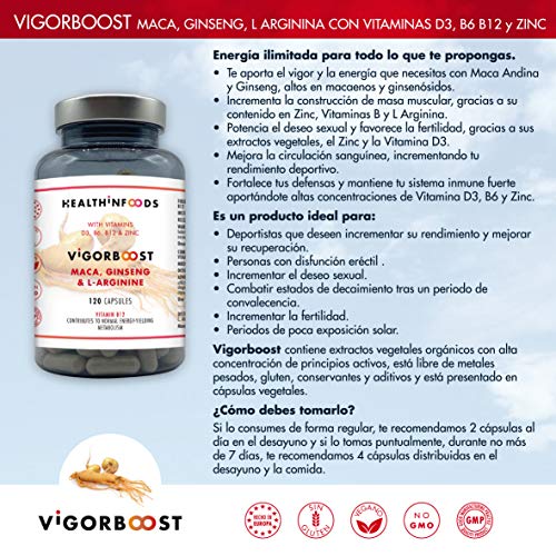 Healthinfoods | VigorBoost | Maca, Ginseng, Vitamina D, L-Arginina | Vitaminas B6, B12 y Zinc | Para la Líbido, Fertilidad, Masa Muscular y Potencia Sexual | 120 Cápsulas Veganas