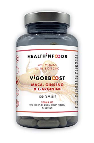 Healthinfoods | VigorBoost | Maca, Ginseng, Vitamina D, L-Arginina | Vitaminas B6, B12 y Zinc | Para la Líbido, Fertilidad, Masa Muscular y Potencia Sexual | 120 Cápsulas Veganas