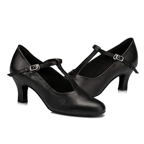 HIPPOSEUS Zapatos de Baile con Correa en T para Mujer con Punta Cerrada Zapatos de carácter de Salsa de salón Latino,Negro,EU 39