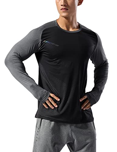 Hombres Camisas para Correr Deportes Manga Larga Aptitud física Culturismo T-Shirts Ajuste seco Cima Sudaderas Negro L