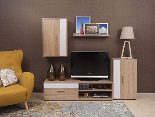 Homely Kiona Mueble de Salón Modular - Ibiza Mini| Conjunto 4 Muebles | Muebles Salón Completo | Mueble para Televisión + Mueble Bajo + Mueble Alto + Estantería Alta | Color Roble y Blanco