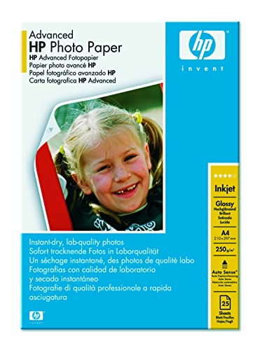 HP Advanced Glossy Photo Paper, Q5456A, 25 hojas de papel fotográfico satinado avanzado, compatible con impresoras de inyección de tinta, A4, peso del material de impresión 250 g/m²
