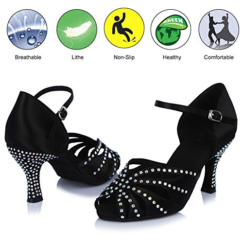 HROYL Zapatos de Baile Latino Mujer Salsa y Bachata Brillantes Zapatos de Baile de Salón,ESAF43503,Negro,38EU