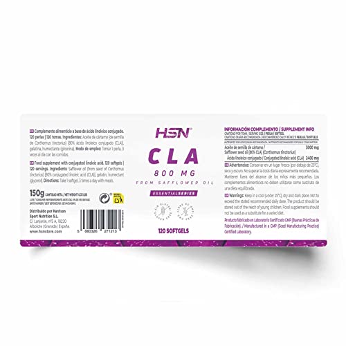 HSN CLA 120 Perlas | 2400 MG Real de Ácido Linoleico Conjugado por Dosis Diaria | Estandarizado 80% Aceite de Semilla de Cártamo | No-GMO, Sin Gluten ni Lactosa