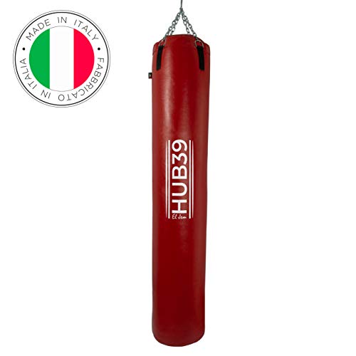 Hub39 Saco de boxeo completo fabricado en Italia - Saco largo MMA - Sacos de boxeo Kick Boxing Muay Thai con cadenas, longitud 180 cm y relleno a 60 kg.