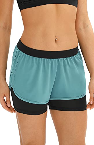 icyzone 2 en 1 Pantalón Corto Casual para Mujer Verano para Correr,para Yoga Fitness Correr-XL-Azul Claro