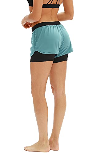 icyzone 2 en 1 Pantalón Corto Casual para Mujer Verano para Correr,para Yoga Fitness Correr-XL-Azul Claro