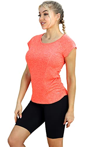 icyzone Camiseta de Fitness Deportiva de Manga Corta de Espalda Abierta para Mujer para Gimnasio -XL-Naranja