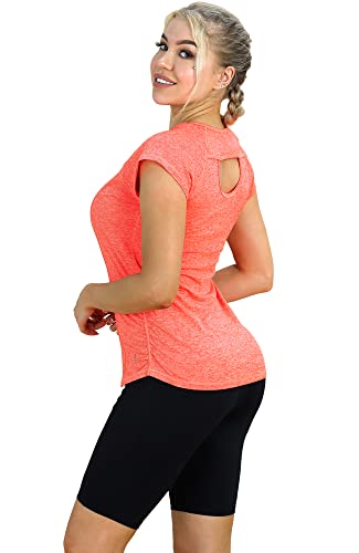 icyzone Camiseta de Fitness Deportiva de Manga Corta de Espalda Abierta para Mujer para Gimnasio -XL-Naranja