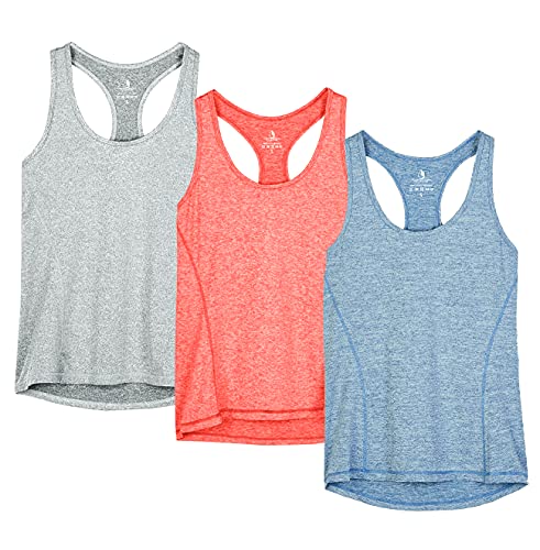 icyzone Camiseta de Tirantes Fitness Deportiva Mujer, Pack de 3 (M, Granito/Azul/Naranja)