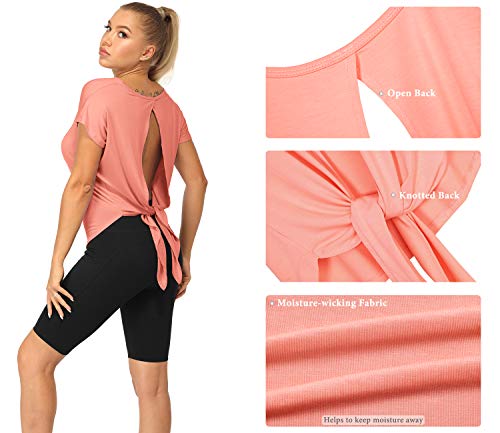 icyzone Camiseta sin Mangas Deportiva de Manga Corta de Espalda Abierta para Mujer para Yoga -L-Coral fusión
