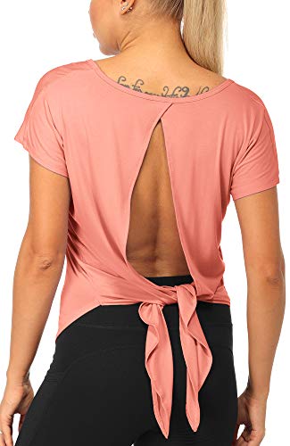 icyzone Camiseta sin Mangas Deportiva de Manga Corta de Espalda Abierta para Mujer para Yoga -L-Coral fusión