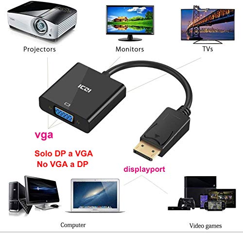 ICZI Adaptador DP a VGA 1080p, Conversor DisplayPort a VGA con Contactos Chapados en Oro, Cable DP Macho a VGA Hembra para Pantallas Monitores HDTV Proyectores, etc, Negro